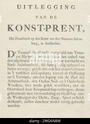 Spiegazione sulla stampa con l'allegoria sulla Nieuwe Schouwburg ad Amsterdam, 1774, Anonymous, 1774 foglio di testo Tekstblad con una dichiarazione della rappresentazione della stampa con l'allegoria sulla Nieuwe Schouwburg sulla Leidseplein ad Amsterdam, inaugurata il 15 settembre 1774. Stampa di carta da lettera nei Paesi Bassi del Nord Schouwburg Leidseplein (1774-1890) Foto Stock