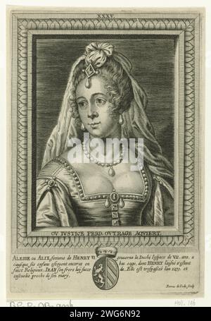 Ritratto di Aleida, consorte di Hendrik vi, Pieter de Jode (II), dopo il 1661 - 1663 stampa BostePortret di Aleida, con velo. Indossa una collana di perle e un abito con scollo basso. Il ritratto è catturato in una cornice rettangolare con un motto in latino. A margine lo stemma della persona ritratta e una didascalia a quattro righe in francese. Stampa da un libro in cui 54 stampe con ritratti. Perla di incisione / incisione di carta Anversa; collana di perle (+ abiti da donna) Foto Stock
