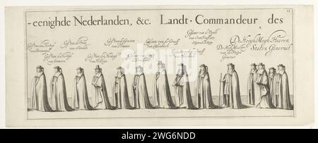 Parata funebre di Willem Frederik, conte di Nassau-Dietz (pagina 13), 1665, 1666 stampa processione funebre di Willem Frederik, conte di Nassau-Dietz, a Leeuwarden il 6 gennaio 1665. Parte della processione funebre. Targa n.. 13 in un insieme di 25 tavole numerate non assemblate e due riviste di testo che insieme formano un lungo frisone. Cortegio di incisione di carta di Leeuwarden, processione funebre di Leeuwarden Foto Stock