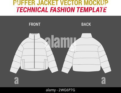 Cappotto imbottito invernale oversize Puffer Winter Down Coat Vector disegno tecnico manichino corto modello Mockup Puffer piatto illustrazione Illustrazione Vettoriale