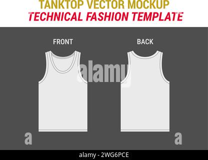 Modello da uomo per mockup da uomo per design streetwear canotta Vector Flat disegno tecnico canotta senza maniche canotta Fashion Flat Illustration Top CAD Illustrazione Vettoriale