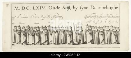 Parata funebre di Willem Frederik, conte di Nassau-Dietz (pagina 23), 1665, 1666 stampa processione funebre di Willem Frederik, conte di Nassau-Dietz, a Leeuwarden il 6 gennaio 1665. Parte della processione funebre. Targa n.. 23 in un insieme di 25 tavole numerate scomode e due riviste di testo che insieme formano un lungo frisone. Cortegio di incisione di carta di Leeuwarden, processione funebre di Leeuwarden Foto Stock