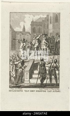 Il Duca d'Angiò onorato ad Anversa, 1582, 1780 - 1795 stampa Honing of Anjou ad Anversa, 19 febbraio 1582. Su un palco prende il mantello e il cappello del Duca di Brabante. Ingresso trionfale su carta olandese e ricevimento pubblico, concorso, "ingresso solenne", "ingresso Joyeuse" ad Anversa Foto Stock