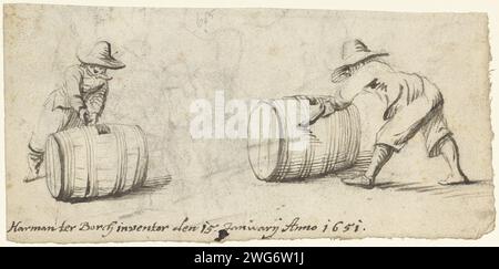 Due studi su un giovane che rotola con una tonnellata, 1651 che disegnano due studi su un giovane che rotola con una tonnellata; a sinistra si può vedere una vaga firma di un altro giovane. Sul retro della foglia è presente uno schizzo per una scenografia. Carta Zwolle. inchiostro. spazzola per gesso Foto Stock