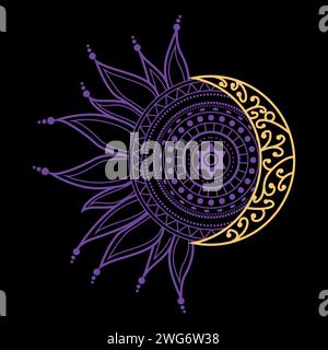 T-shirt Sun and Moon con stile indù. Violet mandala. Illustrazione Vettoriale