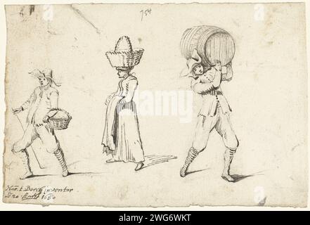 Due uomini da corsa e una donna indossano oggetti, 1650 disegno Threading foglio con tre figure da corsa, un uomo con un cesto sul braccio, una donna con un cesto sulla testa e un uomo che indossa una tonnellata. Carta Zwolle. inchiostro. gesso Foto Stock