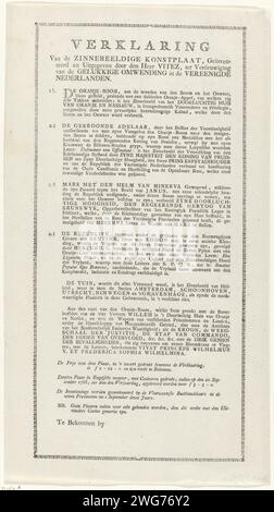 Spiegazione dell'allegoria sulla restaurazione dello Stadholder Willem V, 1787, Joseph Venez, 1787 foglio di testo con una dichiarazione della rappresentazione della stampa con l'allegoria sulla restaurazione dello Stadholder Willem V nel 1787. Spiegazione in quattro punti seguita dai prezzi delle varie stampe della stampa. Stampa di carta da lettera nei Paesi Bassi del Nord Foto Stock