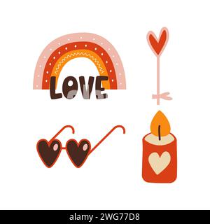 Set di design elementi per San Valentino. Collezione di clipart piatti Valentine con arcobaleno e occhiali da sole . Simboli vacanza d'amore in stile carino. Stock Illustrazione Vettoriale