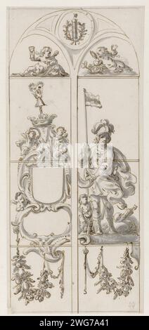 Progettare una vetrata colorata con un soldato con uno striscione, Pieter Jansz, 1630 - 1672 disegno disegno per una vetrata colorata con uno stemma aperto a sinistra e a destra un soldato romano con un bambino ai piedi e con uno striscione su cui si trova l'arma di Amsterdam. In alto a sinistra un putto con una clessidra; a destra sopra un putto con uno specchio e un serpente. In alto un fascio di frecce in una corona di alloro. carta. grafite (minerale). Penna a inchiostro/pennello altre allegorie del tempo, ad esempio "tempo" (Ripa). Temperanza, moderazione; "misura" (Ripa) (+ concetto astratto rappresentato dal bambino). cu Foto Stock