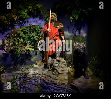 Jorvik Centre. Una figura animatronica di un vichingo nel Jorvik Viking Centre, York, Inghilterra Foto Stock