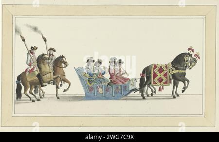 Quattordicesimo Slede, Abraham Delfos, 1776 disegnando la quattordicesima slitta nella parata. Una slitta con quattro musicisti, trainata da un cavallo, seguita da due cavalieri con toortsen. Parte della serie di quindici disegni per le tavole dello Sleedevaart il 24 gennaio 1776 organizzata dalla Leiden Society Veniam Pro Laude in occasione della celebrazione del II secolo del soccorso di Leida (3 ottobre 1574) e della fondazione dell'Università di Leida (8 febbraio 1575). Commemorazione cartacea dei Paesi Bassi settentrionali della fondazione di un'università. Slitta, slitta (sport invernali) Leiden Foto Stock