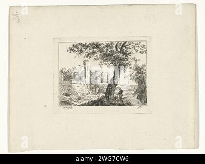 Paesaggio con rovine, Cornelis Ouboter van der Griendt, stampa 1807 - 1868 paesaggio con rovine e quattro figure. C'è un albero in primo piano. paesaggio con macchie di carta Foto Stock