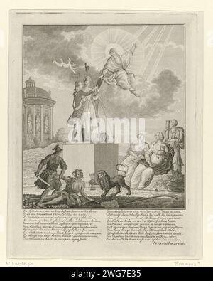 Allegoria sul recupero di Willem V come Stadholder, 1787, Anonymous, 1787 stampa allegoria orangistica sul ripristino di Stadholder Willem V nel 1787. Lo stadholder su un piedistallo abbraccia la libertà ed è allontanato dalla religione l'Oracolo Blad (la Bibbia). A destra, le virtù guardano con approvazione alla prudenza, alla giustizia e alla forza. In primo piano, l'invidia viene sconfitta da un eroe nazionale e dal Leone olandese, lasciato sullo sfondo il Tempio d'Onore e la virtù. Con didascalia di due colonne. Giustizia incisione/incisione su carta dei Paesi Bassi del Nord, "Justitia"; "Giustitia divina" (Ripa)  One Foto Stock
