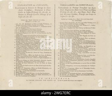 Foglio di testo alla stampa del matrimonio di Karel Christiaan van Nassau-Weilburg con la principessa Carolina, 1760, 1761 foglio di testo rivista di testo appartenente alla stampa della cerimonia di nozze di Karel Christiaan van Nassau-Weilburg con la principessa Carolina, 5 marzo 1760. Dichiarazione delle cifre 1-23 in due colonne in francese e olandese. L'Aia stampò carta tipografica che stampava la grande chiesa Foto Stock