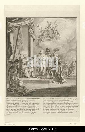 Allegoria sul recupero di Willem V come Stadholder, 1787, Anonymous, 1787 stampa Allegory of the Restore of Stadholder Willem V nel 1787. Il principe è guidato dalla pazienza e dal patriottismo sulla soglia dell'edificio statale alla religione radiosa. A sinistra cerca un patriota con il guardiano con la lancia della libertà di superare il lavoro civile. Con didascalia in due colonne. Incisione/incisione della carta nei Paesi Bassi settentrionali Foto Stock