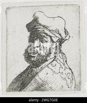 Foglio di studi sulle teste degli uomini: Uomo che piange, tre quarti rimasti: Busto, Rembrandt van Rijn, c. 1629 stampa frammento di piatto tagliato. incisione della carta Foto Stock