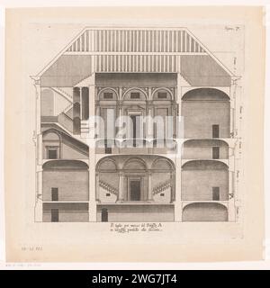 Sezione trasversale di Palazzo Carrega-Cataldi a Genova, Nicolaes Ryckmans, 1622 stampa con spiegazione italiana. Sezione di incisione in carta Anversa  disegno architettonico o modello. Hôtel, cioè piccolo palazzo in città - AA - architettura civica: All'interno del palazzo Carga-cotaldi Foto Stock