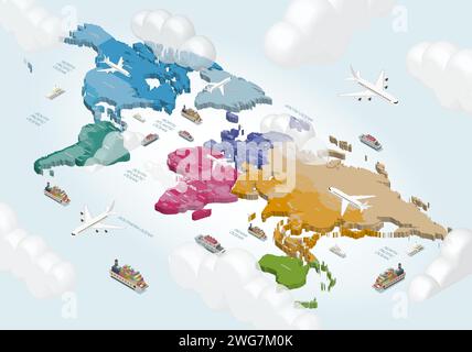 Mappa politica mondiale con aerei, navi e nuvole. Illustrazione vettoriale isometrica 3d. Illustrazione Vettoriale