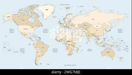 Mappa del mondo illustrazione dettagliata con nomi di paesi, oceani, mari principali e laghi. Tavolozza di colori beige tenui Illustrazione Vettoriale