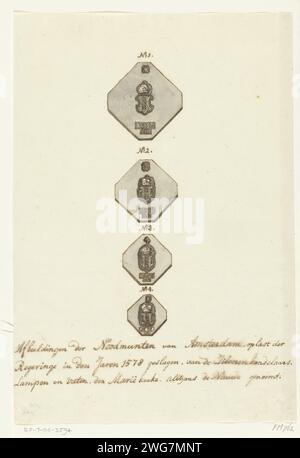 Monete di emergenza da Amsterdam, 1578, 1700 - 1799 che estraggono quattro monete d'argento di emergenza ad Amsterdam batté Kerkzilver durante l'assedio di Sonoy nel 1578. Numero 1-4. Carta dei Paesi Bassi. Penna a inchiostro Amsterdam Foto Stock