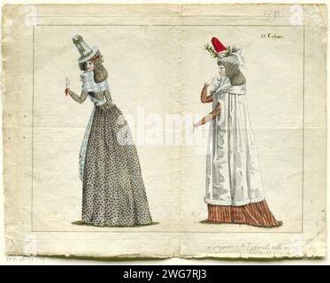 The First Fashion Magazine, 1790 due donne a sinistra. Secondo il testo di accompagnamento, la donna a sinistra (PL. 1) è vestita di caraco di satin viola con puntini verdi, un involucro di sguardo bianco e una sciarpa blu e bianca che si trasforma in cintura. (Jupe Pereil au Caraco) sulla testa un cappello di feltro bianco con puntini blu a forma di cilindro conico alto. (Questa forma sarebbe stata inventata dai fiamminghi nel XVII secolo e fu rilevata dagli inglesi e dai francesi). La donna a destra (PL.2) indossa una pelisse di raso bianco, foderata di pelliccia su un abito in raso (Jupe Pereil a la Robe) Foto Stock