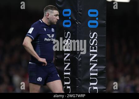 Cardiff, Regno Unito. 3 febbraio 2024. Finn Russell di Scozia guarda. Guinness Six Nations Championship 2024 match, Galles contro Scozia al Principality Stadium di Cardiff sabato 3 febbraio 2024. foto di Andrew Orchard/Andrew Orchard fotografia sportiva/ Alamy Live News Credit: Andrew Orchard fotografia sportiva/Alamy Live News Foto Stock