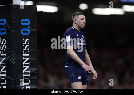 Cardiff, Regno Unito. 3 febbraio 2024. Finn Russell di Scozia guarda. Guinness Six Nations Championship 2024 match, Galles contro Scozia al Principality Stadium di Cardiff sabato 3 febbraio 2024. foto di Andrew Orchard/Andrew Orchard fotografia sportiva/ Alamy Live News Credit: Andrew Orchard fotografia sportiva/Alamy Live News Foto Stock