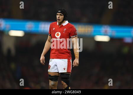 Cardiff, Regno Unito. 3 febbraio 2024. Dafydd Jenkins, il capitano del Galles sta a guardare. Guinness Six Nations Championship 2024 match, Galles contro Scozia al Principality Stadium di Cardiff sabato 3 febbraio 2024. foto di Andrew Orchard/Andrew Orchard fotografia sportiva/ Alamy Live News Credit: Andrew Orchard fotografia sportiva/Alamy Live News Foto Stock