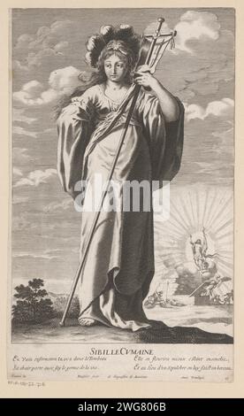 Sibille van Cumae, con sullo sfondo la resurrezione di Cristo, Gilles Rousselet, dopo Claude Vignon, 1635 - 1640 stampa France paper incisione / incisione Cumaean sibyl. Cristo in piedi sopra o vicino alla tomba  eventi dopo la Resurrezione Foto Stock