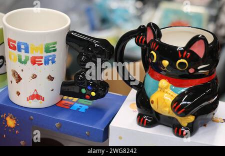 MAG-C Erfurt 03.02.2024, Erfurt, Messe, MAG-C, convenzione comunitaria, Die Menschen aus den Bereichen Games, Cosplay, Moda, Arte, Creatore, anime und Japan vereint neben Merchandise gibt es kreative Menschen in phantasievollen Kostuemen zu sehen im Bild: Tassen in unterschiedlichen designs *** MAG C Erfurt 03 02 2024, Erfurt, messe, MAG C, Convenzione comunitaria, che unisce persone provenienti dai campi dei giochi, del cosplay, della moda, dell'arte, del creatore, anime e Giappone. Oltre al merchandising, ci sono persone creative in costumi fantasiosi da vedere nelle coppe fotografiche in diversi design. Foto Stock