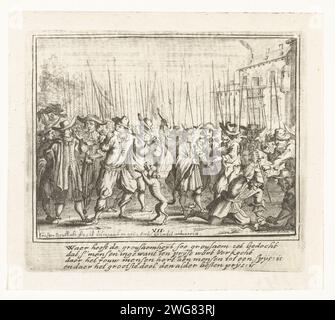 Parti dei corpi sono venduti, 1672, Gaspar Bouttats, 1672 stampe settima stampa in una serie di otto spettacoli sulla vita di Johan e Cornelis de Witt. Tutte le stampe sono di Gaspar Bouttats e hanno un verso di quattro o due linee. Lo spettacolo mostra come parti dei corpi dei fratelli De Witt vengono venduti e mangiati, 20 agosto 1672. Carta di Anversa che incide mutilazione del cadavere. cannibalismo Foto Stock