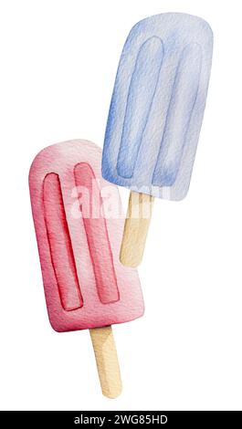 Immagine disegnata a mano Di Un'illustrazione ad acquerello a tema estivo con gelato blu e rosa su sfondo bianco Foto Stock