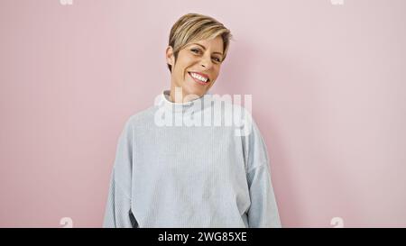 Giovane donna ispanica sorridente con capelli biondi corti, vestita con un maglione casual, che posa su uno sfondo rosa Foto Stock