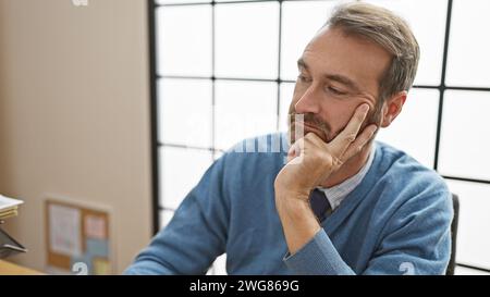 Un pensivo ispanico di mezza età con la barba, che indossa un maglione, appoggia il mento in un ambiente moderno. Foto Stock