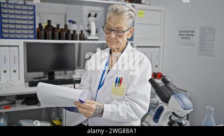 Donna scienziata dai capelli grigi, con camice da laboratorio, che prende appunti intricati nel laboratorio del centro in mezzo alla ricerca scientifica Foto Stock