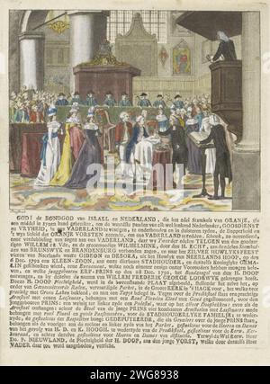 Battesimo del principe Willem Frederik George, 1792, Anonimo, 1792 - 1793 stampa Battesimo del principe Willem Frederik George, il futuro re Guglielmo II, 28 dicembre 1792. Nel Grote Kerk a l'Aia. Con didascalia regolata da 25. Incisione/stampa di carta nei Paesi Bassi del Nord Battesimo  servizio protestante grande chiesa Foto Stock