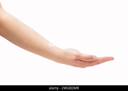 Foto ritagliata di una vista laterale di una mano di una donna con palmo isolato su uno sfondo bianco Foto Stock