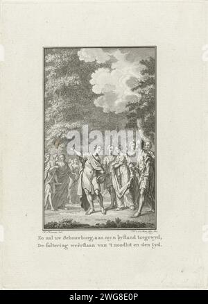 Allegoria sulla Nieuwe Schouwburg ad Amsterdam, 1774, Noah van der Meer (II), dopo Hermanus Numan, 1774 stampa Allegory on the Nieuwe Schouwburg on Leidseplein ad Amsterdam, inaugurata il 15 settembre 1774. Apollo affronta alcune personificazioni femminili legate al palcoscenico nella foresta. Incisione/incisione su carta dei Paesi Bassi settentrionali rappresentazioni simboliche, allegorie ed emblemi  il teatro. Apollo interpreta la lira, Apollo Citharoedus Schouwburg Leidseplein (1774-1890) Foto Stock