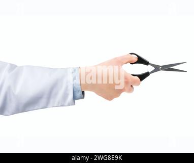 Colpo di mano di un medico con piccole forbici isolate su sfondo bianco Foto Stock