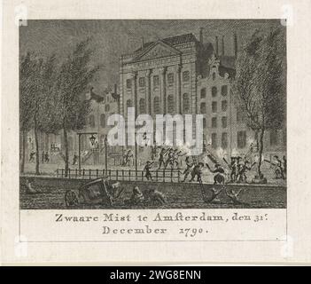 Nebbia pesante ad Amsterdam, 1790, Cornelis Brouwer, 1791 - 1792 stampa nebbia pesante ad Amsterdam il 31 dicembre 1790. Veduta del Keizersgracht per Felix Meritis. La gente cammina per strada con le torce, una carrozza è caduta nel canale. Nebbia per incisione/incisione della carta nei Paesi Bassi del Nord, nebbia Amsterdam. Felix Meritis. Keizersgracht Foto Stock