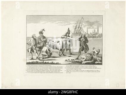 Cartoon on the English Loads in Battle with America (1), 1778, Anonymous, 1778 stampa primo cartone animato sulle perdite inglesi nella battaglia con l'America nel 1778. Il commercio inglese raffigurato da una mucca da latte il cui congresso americano sega le corna e che viene munto da un olandese. Anche un francese e uno spagnolo vogliono avere del latte. Sullo sfondo, gli americani conquistarono e smantellarono la nave inglese The Eagle (17 settembre 1778) arenata nei pressi di Filadelfia. In primo piano, un cane piscia sul leone britannico addormentato, con la presente un inglese che tormenta la mano in una veste funebre. Nella didascalia De leggenda Foto Stock