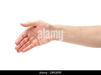 Scatto ritagliato di una mano uomo irriconoscibile pronta per essere handshaking su uno sfondo bianco isolato Foto Stock