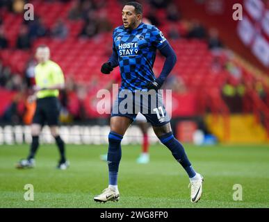 LONDRA, INGHILTERRA - 3 FEBBRAIO: Nathaniel Mendez-Laing della contea di Derby durante la partita di Sky Bet League One tra Charlton Athletic e Derby County a The Valley il 3 febbraio 2024 a Londra, Regno Unito. (Foto di Dylan Hepworth/MB Media) Foto Stock