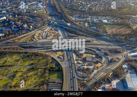 Luftbild, Autobahnkreuz Herne Großbaustelle, Autobahn A43 und Autobahn A42, Baukau-West, Herne, Ruhrgebiet, Nordrhein-Westfalen, Deutschland ACHTUNGxMINDESTHONORARx60xEURO *** Vista aerea, svincolo autostradale Herne cantiere principale, autostrada A43 e autostrada A42, Baukau West, Herne, zona della Ruhr, Renania settentrionale-Vestfalia, Germania ATTENTIONxMINDESTHONORARx60xEURO Foto Stock