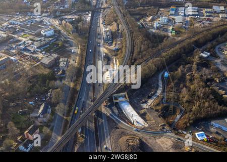 Luftbild, Autobahnkreuz Herne Großbaustelle, Autobahn A43 und Autobahn A42, Baukau-West, Herne, Ruhrgebiet, Nordrhein-Westfalen, Deutschland ACHTUNGxMINDESTHONORARx60xEURO *** Vista aerea, svincolo autostradale Herne cantiere principale, autostrada A43 e autostrada A42, Baukau West, Herne, zona della Ruhr, Renania settentrionale-Vestfalia, Germania ATTENTIONxMINDESTHONORARx60xEURO Foto Stock