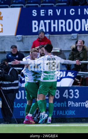 Falkirk, Scozia. 3 febbraio 2024. I New Saints celebrano il loro obiettivo vincente credito: Raymond Davies / Alamy Live News Foto Stock