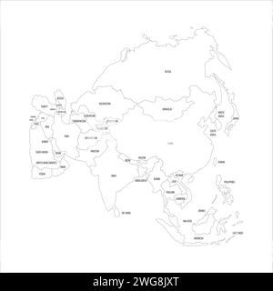 Mappa politica dell'Asia. Mappa nera sottile con etichette dei nomi dei paesi su sfondo bianco. Proiezione ortografica. Illustrazione vettoriale Illustrazione Vettoriale