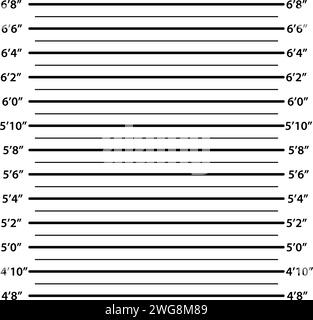 Poster con scala piedi, piedi. Sospettato di crimine da parte della polizia, foto della zona carceraria, foto muro durante l'arresto e l'identificazione, scala di altezza, volere Illustrazione Vettoriale