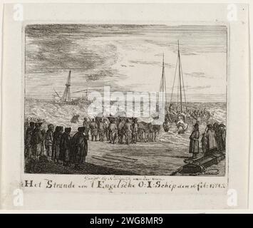 Stranding of the General Barker vicino a Zandvoort, 1781, Louis Bernard Coclers, 1781 stampa Stranding of the English East Indians General Barker vicino Zandvoort, 16 febbraio 1781. I sopravvissuti vengono portati a terra con un peschereccio, con gli spettatori sulla spiaggia. Un carro di cavalli viene a prendere le persone che annegano. Incisione/scrittura (processi) della carta nei Paesi Bassi settentrionali a terra di Zandvoort Foto Stock