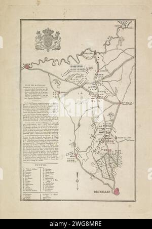 Piano delle battaglie a Quatre-Bras e Waterloo, 15-18 giugno 1815, Anonimo, 1815 cartina della regione tra Bruxelles e Charleroi dove tra il 15-18 giugno 1815 furono combattute a Ligny, Wavre, Quatre-Bras e Waterloo battaglie tra gli eserciti degli Alleati e l'esercito francese sotto Napoleone. I modelli degli eserciti sono indicati sulla mappa. Con una descrizione delle battaglie e una leggenda in francese. I diversi luoghi e eserciti di colori. Mappe per incisione/incisione/stampa di carta stampata in Olanda di paesi o regioni diversi. Array di battaglia Belgio Foto Stock